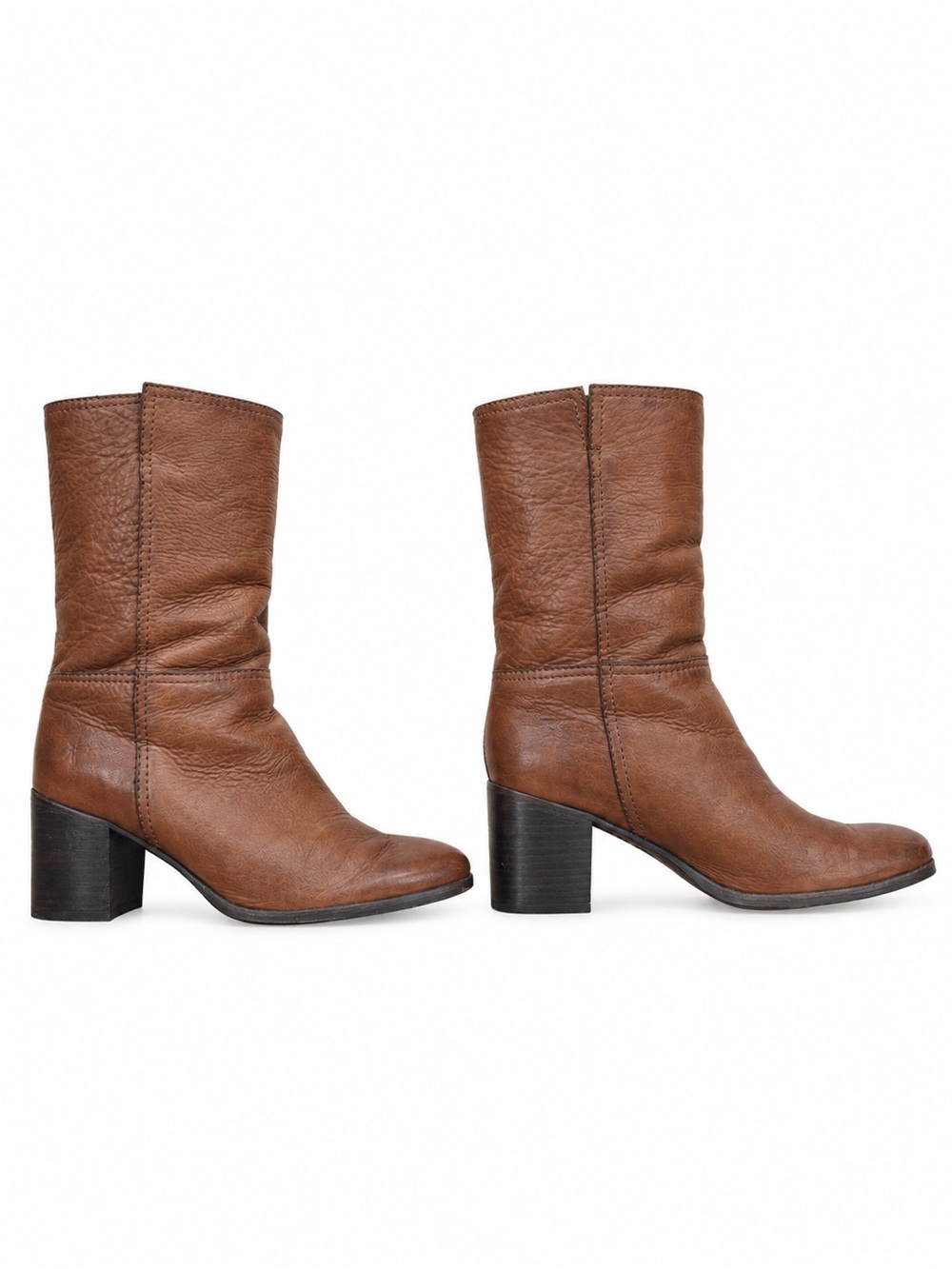Frye Nora Mid Leather Pull On Boots Cognac Brown Block Heel Women's Size 10 B